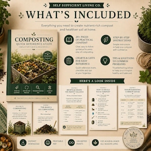May include: A digital composting quick reference guide by Self Sufficient Living Co. featuring a cover page, interior chapter pages, and infographics detailing composting steps, brown and green material ratios, and troubleshooting common issues.