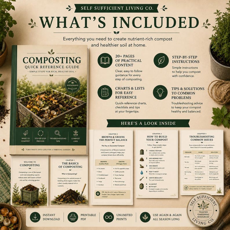 May include: A digital composting quick reference guide by Self Sufficient Living Co. featuring a cover page, interior chapter pages, and infographics detailing composting steps, brown and green material ratios, and troubleshooting common issues.