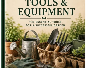 May include: A hardback book titled Recommended Tools & Equipment: The Essential Tools for a Successful Garden by Self Sufficient Living Co. The cover features a metal watering can, a wicker basket with hand tools, gloves, and twine.