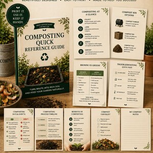 May include: A printable composting guide set by Self Sufficient Living Co. includes a reference book, instructional sheets on composting methods, bin options, troubleshooting, process timelines, checklists, and note pages with green leaf accents.