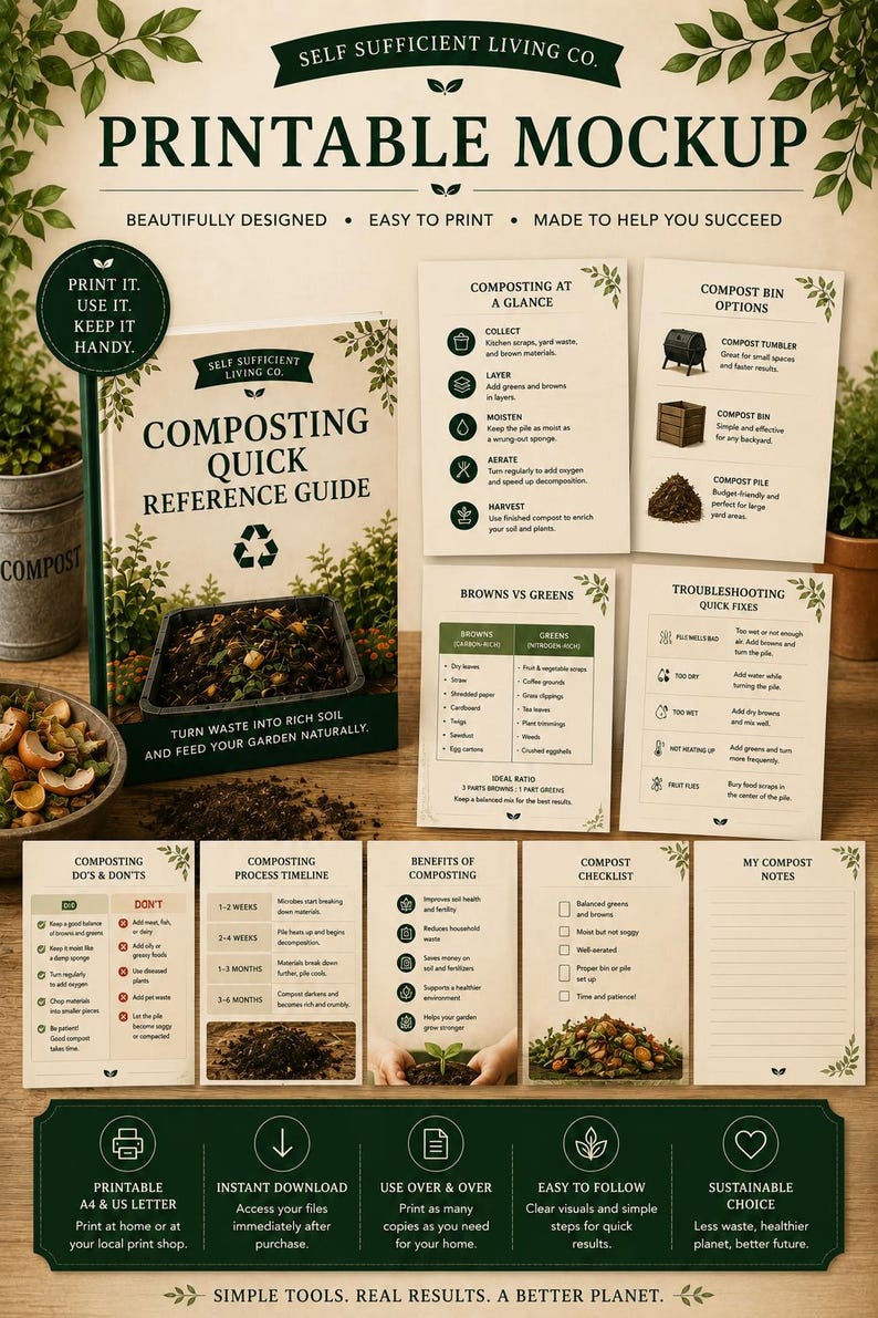 May include: A printable composting guide set by Self Sufficient Living Co. includes a reference book, instructional sheets on composting methods, bin options, troubleshooting, process timelines, checklists, and note pages with green leaf accents.