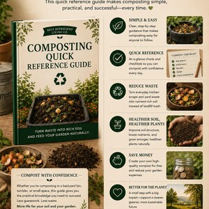 May include: A Composting Quick Reference Guide book by Self Sufficient Living Co. featuring a green and cream colour scheme. The cover displays a compost bin image and text. The page includes sections on composting benefits, checklists, and tips.