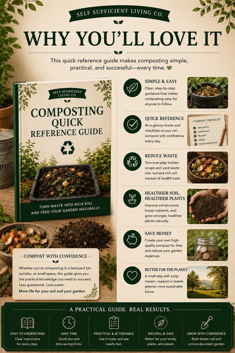 May include: A Composting Quick Reference Guide book by Self Sufficient Living Co. featuring a green and cream colour scheme. The cover displays a compost bin image and text. The page includes sections on composting benefits, checklists, and tips.