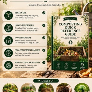 May include: A composting quick reference guide book with a green and white cover featuring a wooden compost bin filled with organic waste. The text includes Self Sufficient Living Co., Composting Quick Reference Guide, and Less Waste, Healthier Soil, Greener Tomorrow.