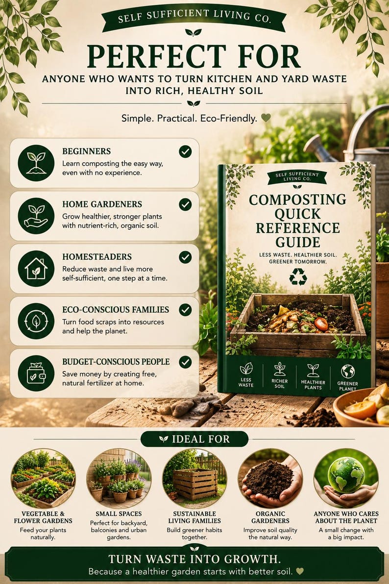 May include: A composting quick reference guide book with a green and white cover featuring a wooden compost bin filled with organic waste. The text includes Self Sufficient Living Co., Composting Quick Reference Guide, and Less Waste, Healthier Soil, Greener Tomorrow.