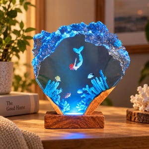 Mermaid Resin Lamp, Ocean Night Light, Coral Reef Epoxy Art, Personalized Wood Decor,Sea Lover Gift,Coastal Bedroom Accent, Fantasy Lighting