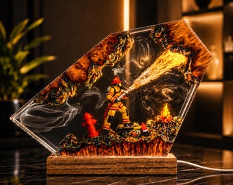 Personalized Firefighter Resin Lamp, Custom Name LED Fire Rescue Diorama Night Light