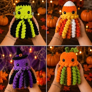 May include: Four crochet plush toys shaped like octopuses with Halloween themes. One is a green Frankenstein monster, one is a candy corn design, one is a purple witch with a black hat, and one is an orange pumpkin with green vines.