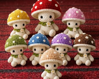 May include: A collection of eight small, crocheted mushroom figures in various colors including red, yellow, pink, green, blue, purple, brown, and beige. Each figure features a cream-colored body, a wide cap with white spots, and a small white flower.