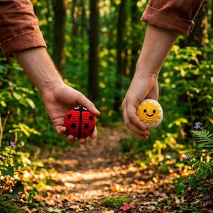 May include: Two round crochet toys, one a red ladybug with black spots and the other a yellow sun with a smiling face, held in palms against a blurred forest background with green foliage and fallen leaves on a dirt path.