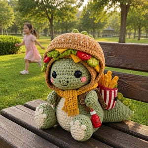 Modèle PDF au crochet d'un T-Rex hamburger | Amigurumi dinosaure | Animal en crochet gourmand | Peluche T-Rex | Modèle de dinosaure mignon | Modèle PDF pour débutants