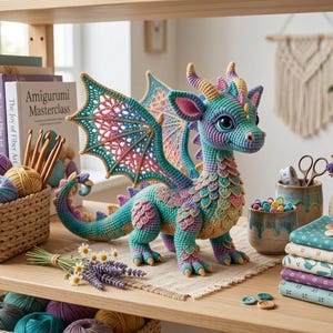 May include: A handcrafted crochet dragon toy featuring a vibrant teal, pink, and yellow color palette with intricate wing patterns, textured scales, and small horns. The dragon stands on a wooden surface alongside yarn balls, fabric stacks, and buttons.