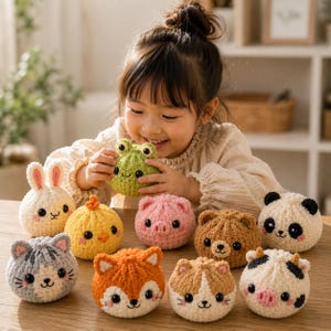 May include: A collection of small, round, crocheted animal plushies featuring a frog, rabbit, chick, pig, bear, panda, cat, fox, and cow. Each plush toy has a textured yarn surface, embroidered facial features, and a soft, spherical shape.