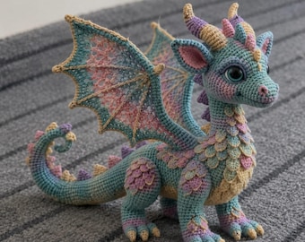May include: A crocheted dragon plush toy featuring a teal, pink, and yellow color palette. The creature has large, intricate lace-like wings, a curled tail, and textured scales along its body. It has large dark eyes and small horns.