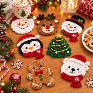 May include: A collection of seven crocheted Christmas-themed coasters featuring a Santa Claus, a reindeer, a snowman, a penguin, a green Christmas tree, a gingerbread person, and a polar bear, all arranged on a wooden surface.