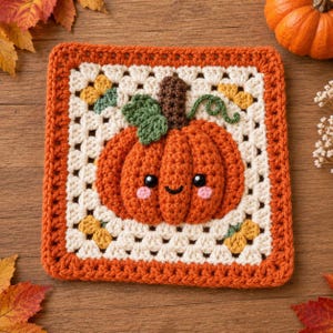 Op de afbeelding: Een vierkant gehaakt granny square met een centrale oranje pompoen met een bruine steel, groene bladeren en een lachend gezicht met roze wangen. De pompoen is omringd door een crèmekleurige rand met kleine gele bloemetjes en een oranje boord.