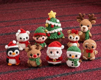 May include: A collection of ten small crocheted Christmas figures including a penguin, polar bear, elf, Christmas tree, Santa Claus, snowman, gingerbread person, and two reindeer, all featuring detailed yarn textures and festive colors.