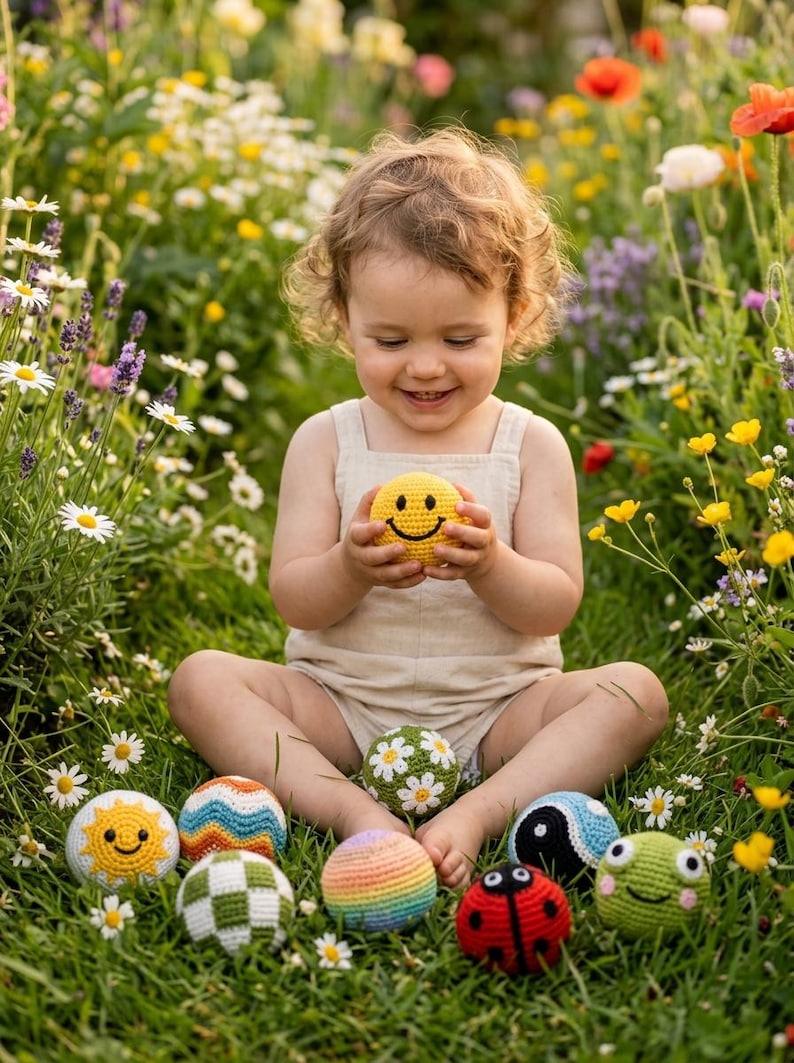 May include: A collection of small, round, crocheted yarn balls featuring various designs including a yellow smiley face, a sun, a ladybug, a green frog face, a yin-yang symbol, a rainbow gradient, a green and white checkerboard, and floral patterns.