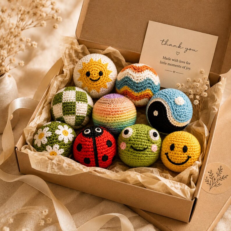 Crochet sensory ball gift set arranged in a keepsake box, handmade baby shower gift featuring colorful textured amigurumi balls.