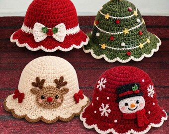 May include: Four crocheted bucket hats featuring holiday designs: a red hat with a white bow, a green tree-shaped hat with a yellow star, a cream-colored hat with a reindeer face, and a red hat with a snowman wearing a black top hat.