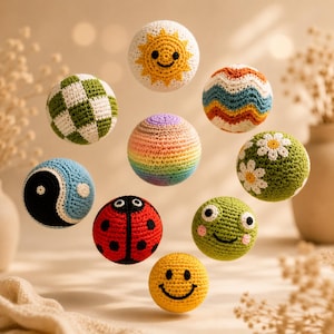 Colorful crochet sensory balls suspended in a styled nursery scene, handmade Montessori-inspired toys for babies and toddlers.