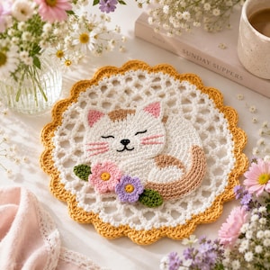 Patrón de posavasos de ganchillo con diseño de gato durmiendo, tapete de encaje para taza (descarga en PDF)