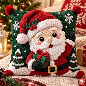 May include: A square crochet throw pillow featuring a Santa Claus design on a dark green background. Santa wears a red hat with white trim, has a white beard, and holds a small green gift. The pillow includes white snowflakes and trees.