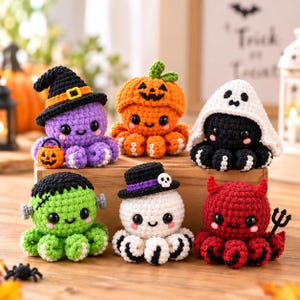 Puede incluir: Seis peluches de pulpo tejidos a ganchillo con temática de Halloween. Uno es morado con sombrero de bruja, uno naranja como calabaza, uno negro con capucha de fantasma, uno verde como Frankenstein, uno blanco con sombrero de copa y uno rojo con cuernos de diablo.