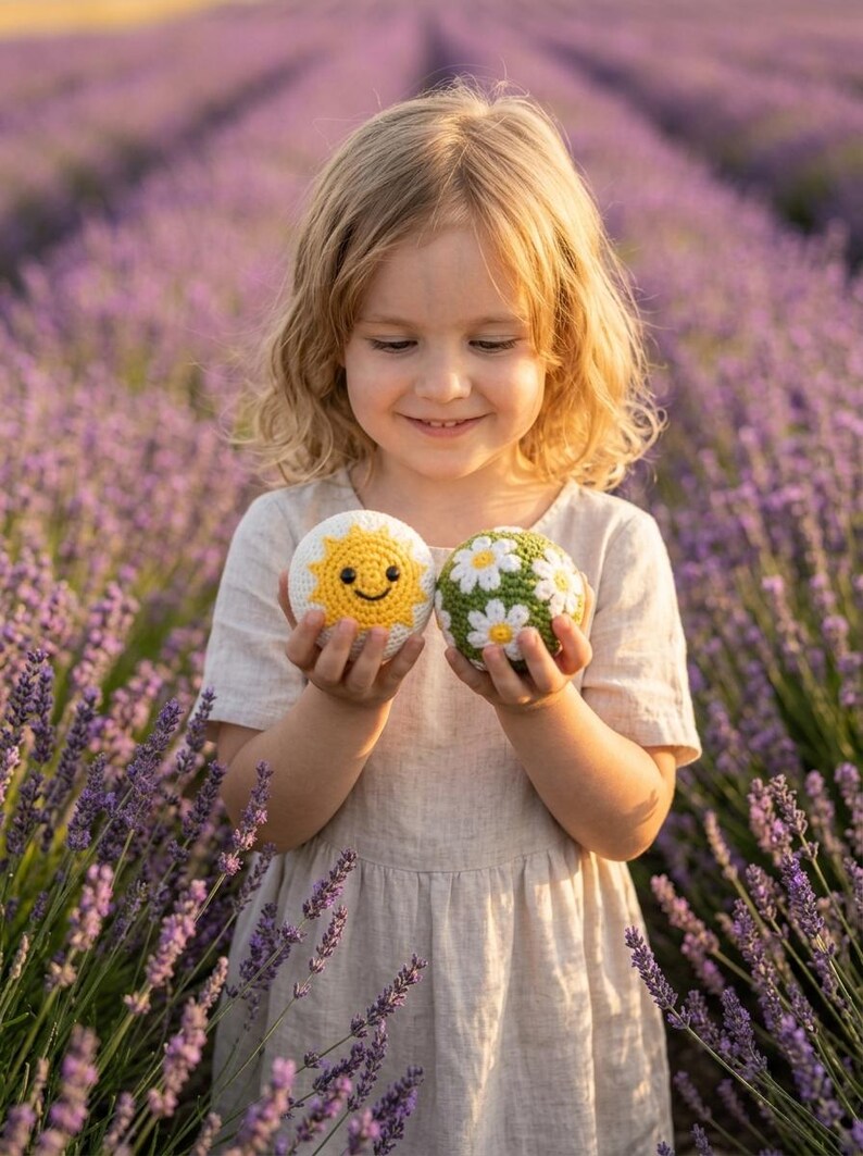 May include: Two round crochet balls. One ball is white with a yellow sun design featuring a smiling face. The second ball is green with a pattern of white daisies with yellow centers. Both items are spherical and textured with yarn stitches.