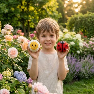 May include: Two small, round, crocheted toys. One toy is a yellow sun with a smiling face and orange rays. The other toy is a red ladybug with black spots and a black head. Both items are spherical and feature detailed yarn stitching.