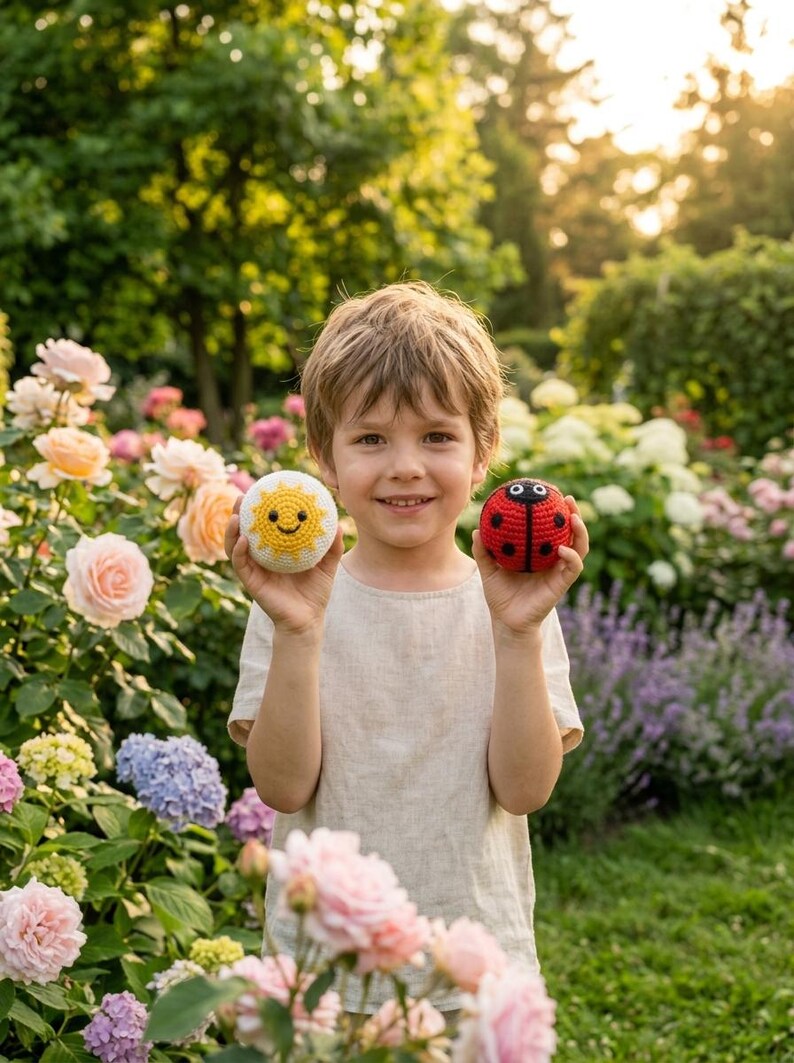 May include: Two small, round, crocheted toys. One toy is a yellow sun with a smiling face and orange rays. The other toy is a red ladybug with black spots and a black head. Both items are spherical and feature detailed yarn stitching.