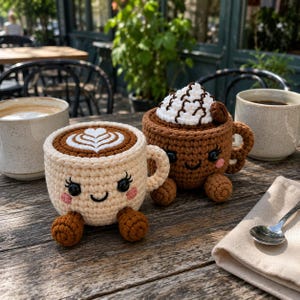 May include: Two crocheted coffee cup plushies with smiling faces, black bead eyes, and pink cheeks. One is cream-colored with a white latte art design on top, and the other is brown with white whipped cream and a small brown coffee bean on top.