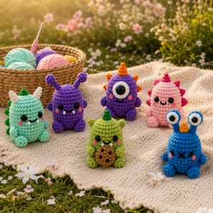 May include: Six small crocheted monster figurines in various colors including mint green, purple, light pink, and blue, arranged on a textured cream blanket. A woven basket containing several colorful balls of yarn sits in the background.