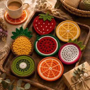 Può includere: Una collezione di sette sottobicchieri all'uncinetto fatti a mano a forma di vari frutti, tra cui fragola, ananas, anguria, kiwi, dragon fruit e due fette di agrumi, disposti su un vassoio di legno accanto a una tazza di caffè.