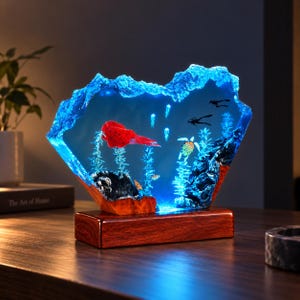 Pode incluir: Uma base de madeira retangular sustenta uma escultura de resina azul translúcida que retrata uma cena subaquática. A peça apresenta uma lula vermelha, uma tartaruga marinha, peixes pequenos, águas-vivas e dois mergulhadores entre plantas aquáticas.