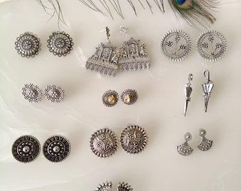 Silver Oxidised Stud Fusion Earrings Combo Set of 10, Indian Jewelry-Delivery Duty Paid