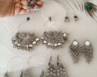 Silver Oxidised Mirror Earrings Combo Set of 6, Indian Jewelry For Women-Delivery Duty Paid
