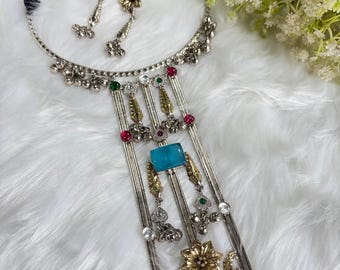 Fusion Dual Tone Ghungroo Tie Zircon Stone Minimalist Hasli Necklace Earrings-Indian Jewelry