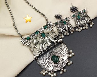 Fusion Engraved Design Stone Silver Necklace, Earrings- Indian Ethnic Jewelry-Delivery Duty Paid