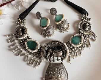 Silver Stone Fusion Minimalist Elephant Hasli Necklace Earrings, Indian Ethnic Jewelry-Delivery Duty Paid