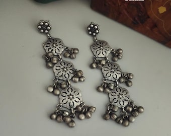 Afghani Long Ghungroo Oxidised Silver Dangler Earrings, Indian Ethnic Minimalist Jewelry-Gift for Her