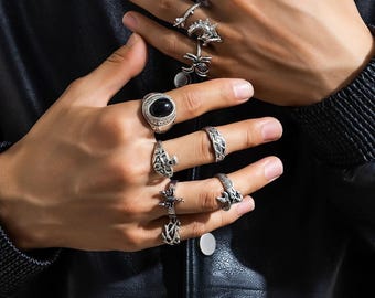 Men Rings, Silver Signer Ring Set of 11, Black Onyx Stainless Steel Band Rings