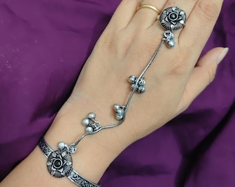 Indian oxidized Silver Ghungroo Stone Fusion Flexible Hathphool Ring cum Bracelet, Indian Ethnic Jewelry