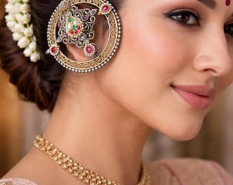 Pachi Kundan Polki Stone Gold Fusion Ear Cuff Earrings, Indian Ethnic Jewelry