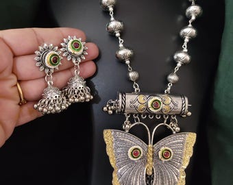 Dual Tone Silver Oxidised Fusion Minimalist Long Ghungroo Indian Ethnic Jewelry Set-Delivery Duty Paid