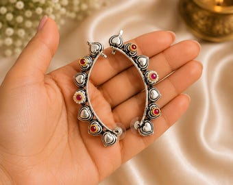 Oxidised Silver Bugadi Ear Cuff Earrings, Indian Ethnic Jewelry Gift for Her-Delivery Duty Paid
