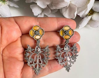 Oxidised Silver Stone Fusion Minimalist Earring, Indian Ethnic Jewelry-Gift for Her
