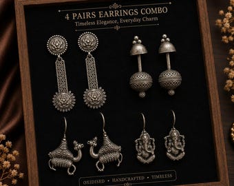 Silver Oxidised Fusion Earrings Combo Set of 4, Indian Ethnic Jewelry-Delivery Duty Paid