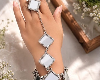 Mirror Silver Tone Fusion Flexible Hathphool Ring cum Bracelet, Indian Ethnic Jewelry-Delivery Duty Paid