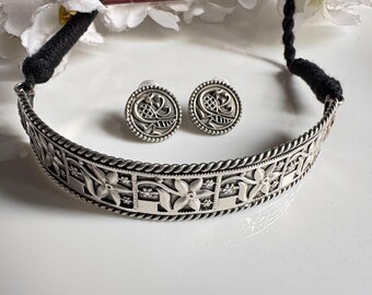 Afghani Silver Ghungroo Minimalist Design Hasli Necklace Earrings, Indian Ethnic Jewelry-Delivery Duty Paid